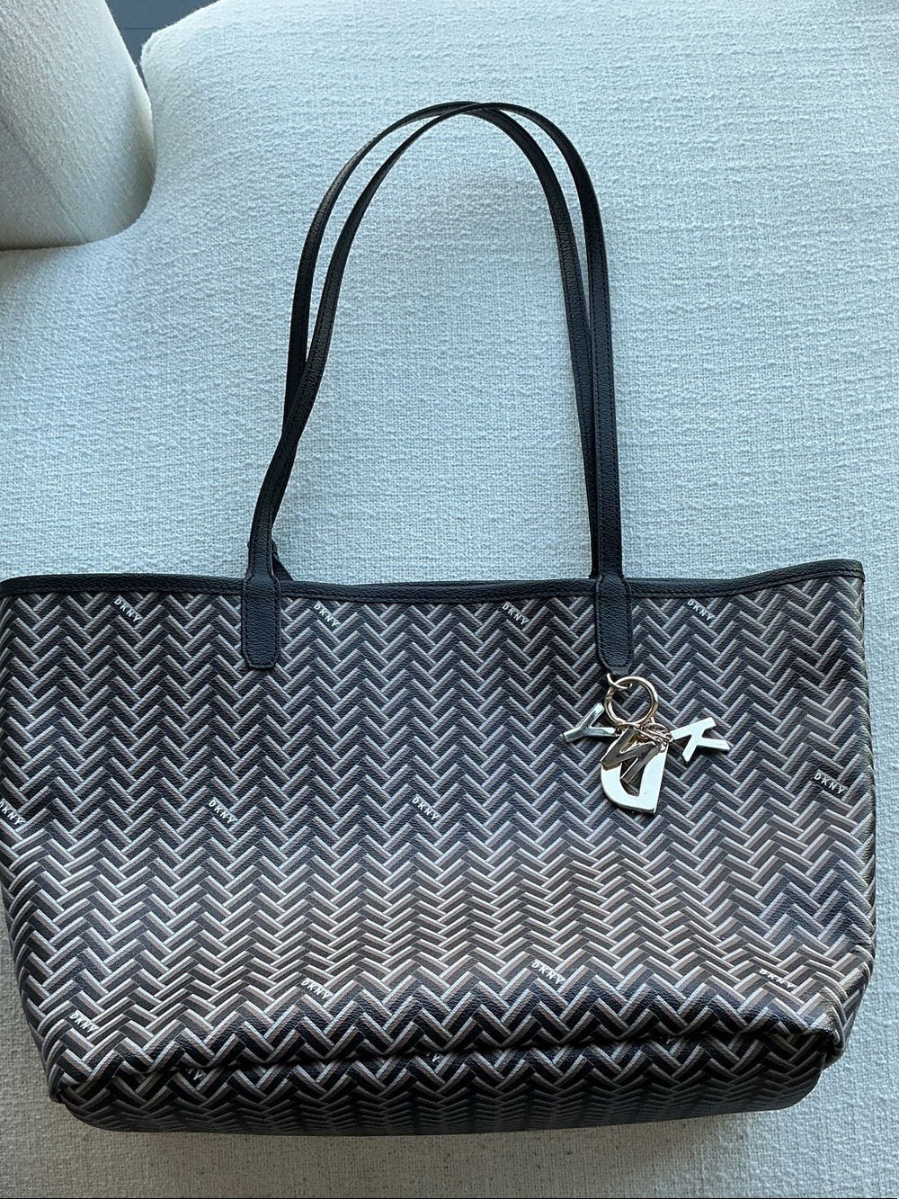 Black Patterned Tote Bag with Charm